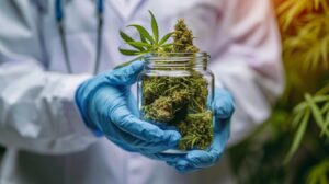 A person holding a jar of medical cannabis