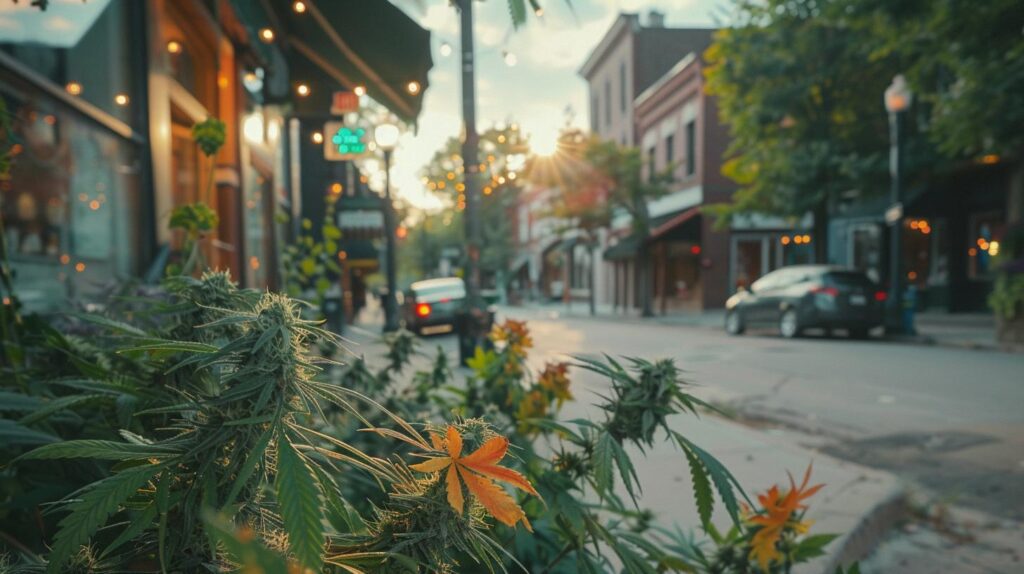 Image of cannabis plants growing on a street outside a cannabis dispensary in Ann Arbor